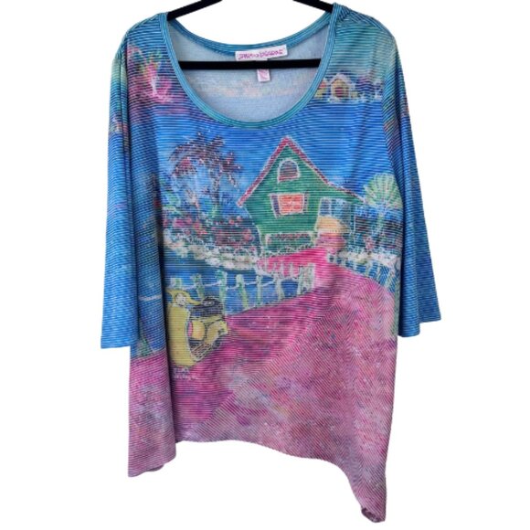 Leoma Lovegrove Tops - Leoma Lovegrove Tropical Beach House Art Rhinestone Asymmetrical Top Women's XXL
